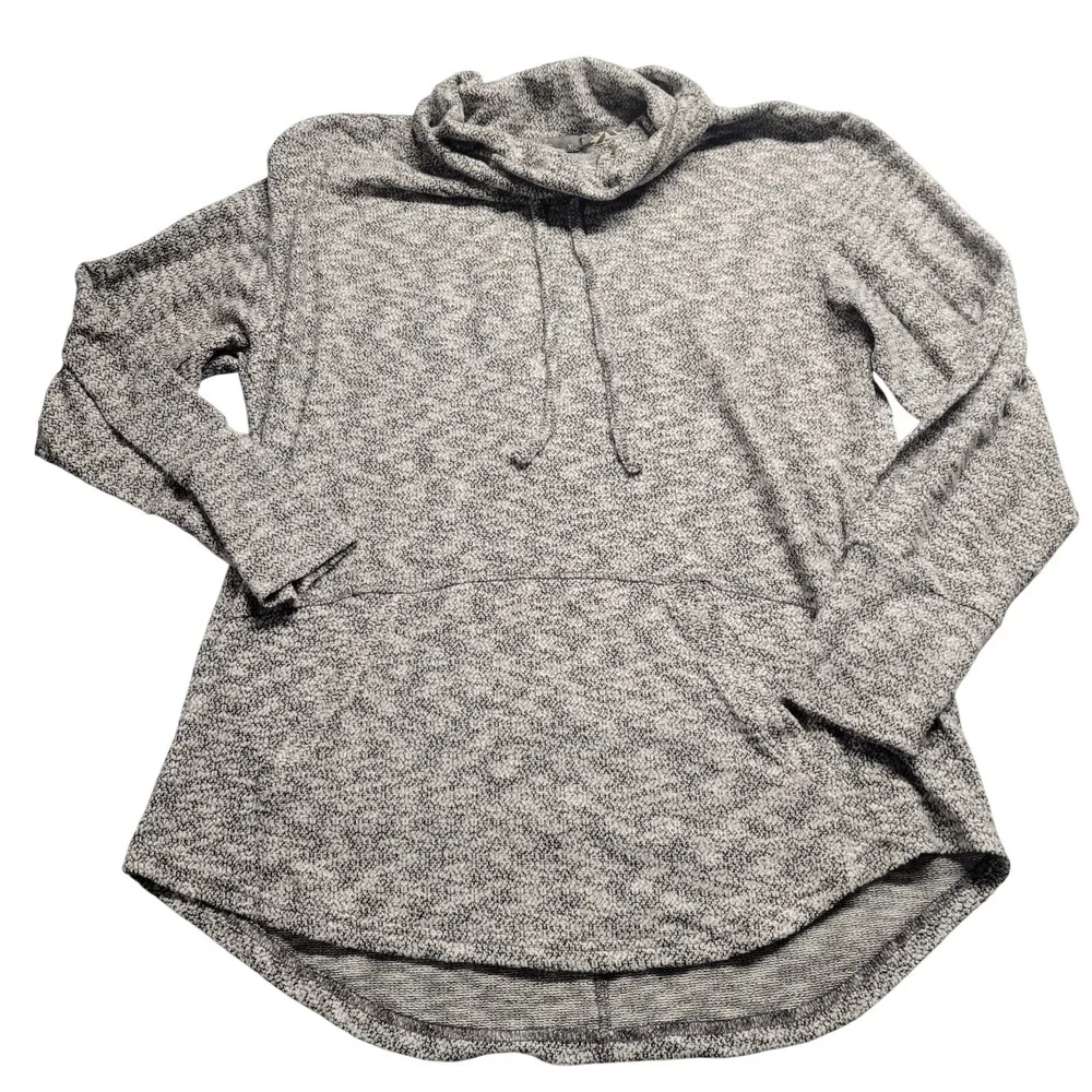 Prana Womens XL Gray Marled Cowl Neck Hoodie Kangaroo Pocket High Low Hem Top